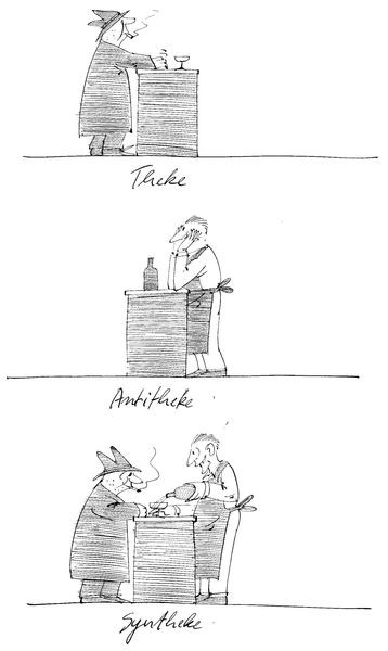 Drei Zeichnungen von Theken: Theke, Antitheke und Syntheke